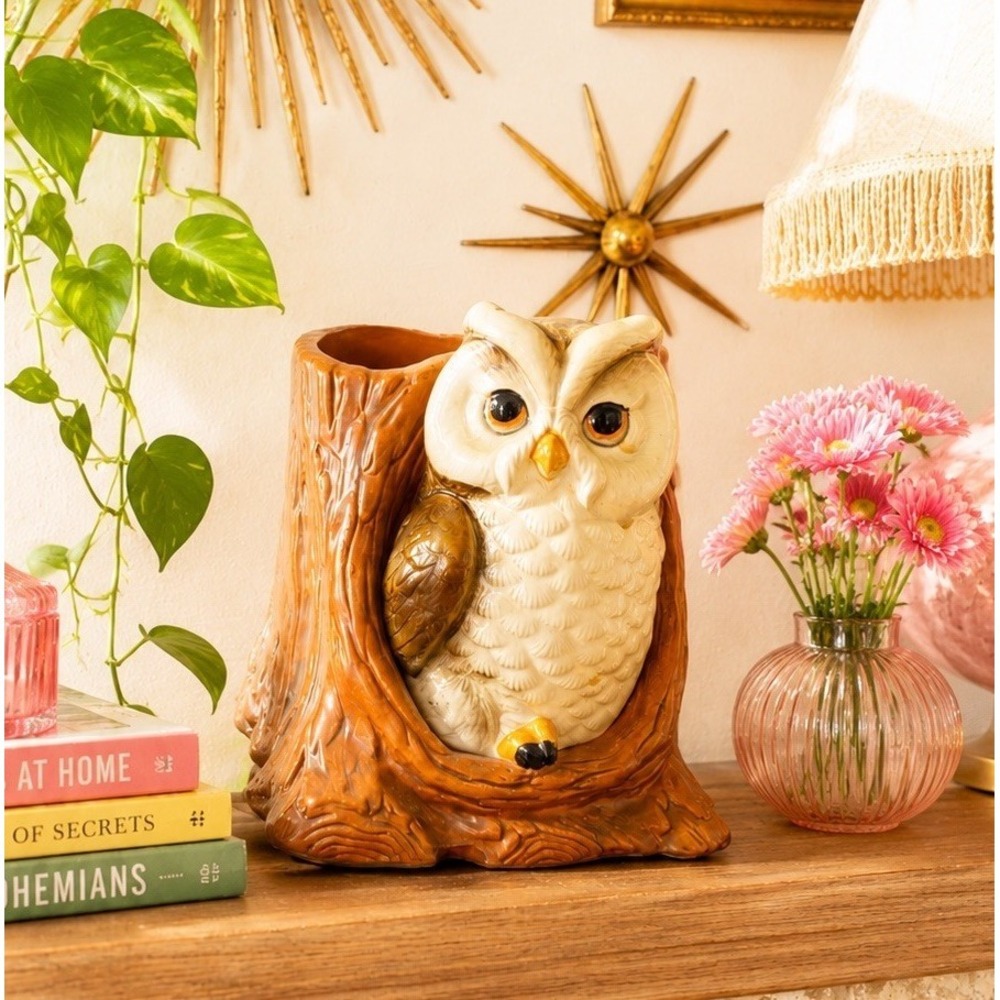 Vintage Arnart - Owl Log Planter High Gloss Glazed Ceramic, (Model 57943), Japan